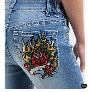 Ninth Hall Alyssia Rose Rhinestone Blue Wash Bootcut Jeans Size 0 Long Y2K